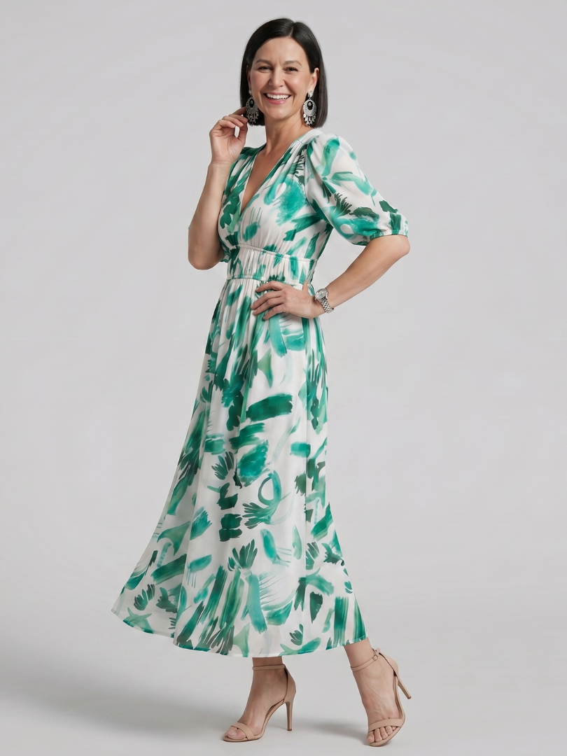 Candlia | Puffmouwen V-hals Midi Jurk met Abstracte Print