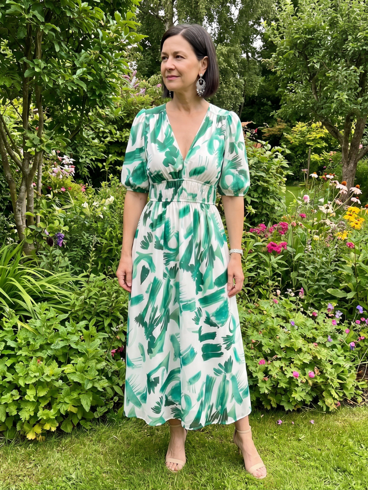 Candlia | Puffmouwen V-hals Midi Jurk met Abstracte Print
