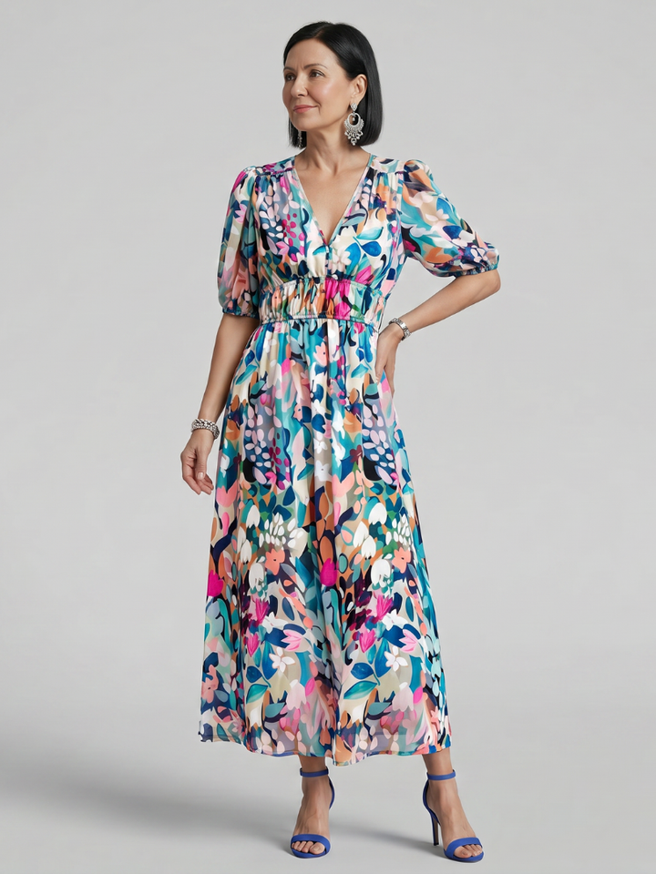 Candlia | Puffmouwen V-hals Midi Jurk met Abstracte Print