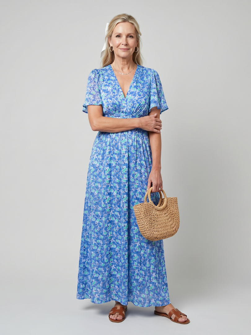Juna | Korte Mouw Ditsy Bloemenprint Midi Jurk