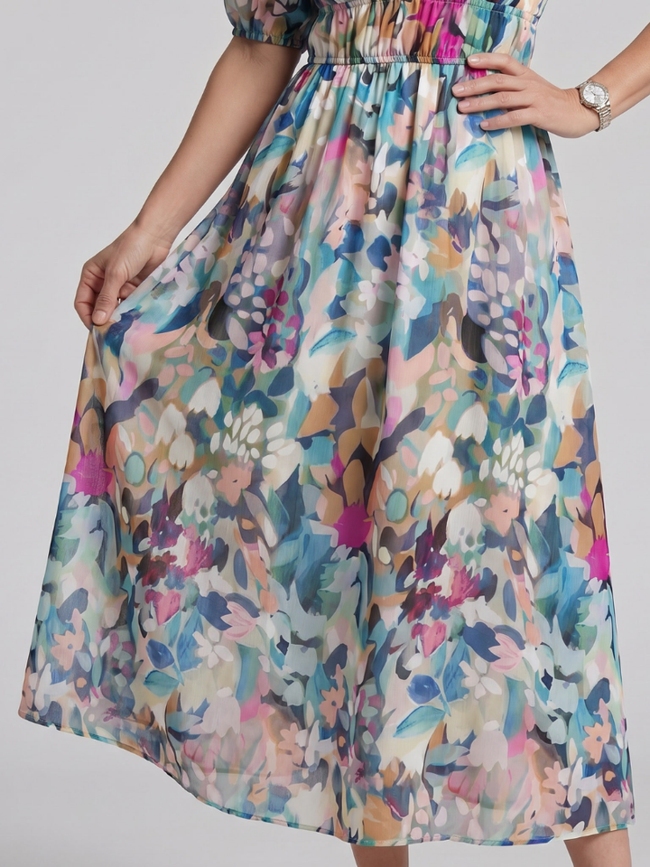 Candlia | Puffmouwen V-hals Midi Jurk met Abstracte Print