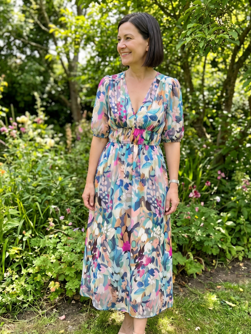 Candlia | Puffmouwen V-hals Midi Jurk met Abstracte Print