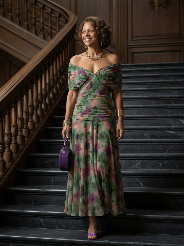 Calen | Off-Shoulder Flow Midi Jurk