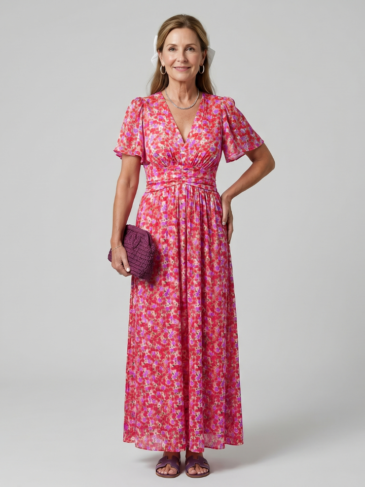 Juna | Korte Mouw Ditsy Bloemenprint Midi Jurk