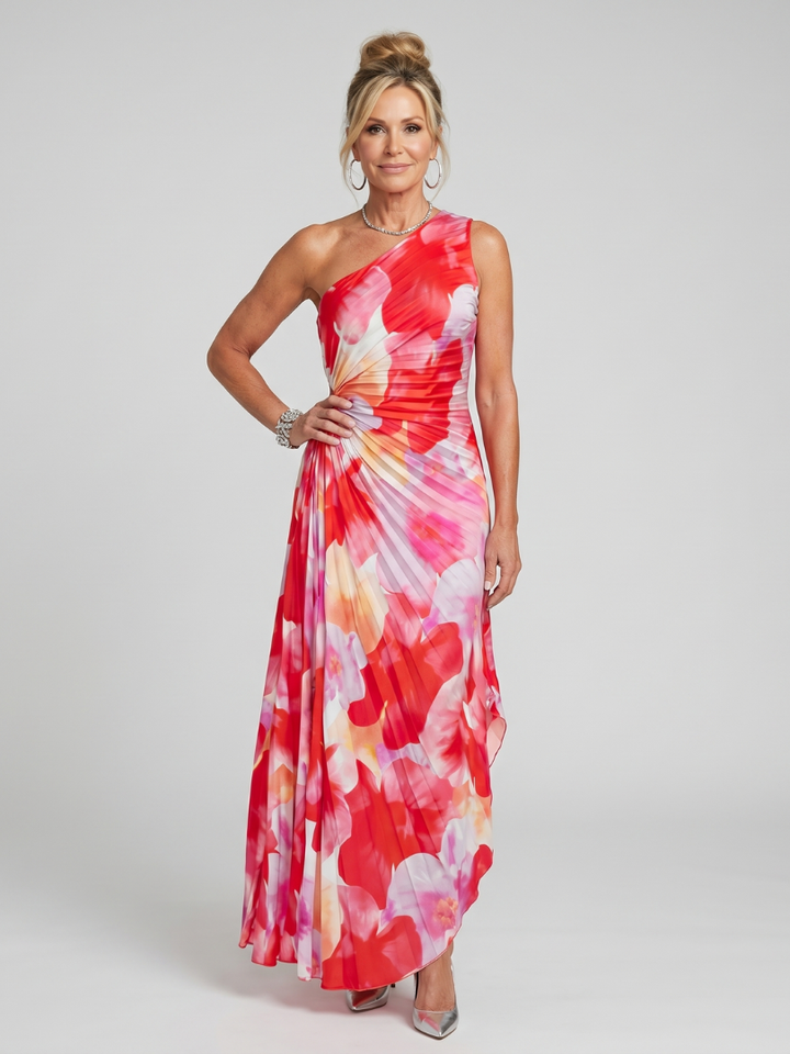 Taya | Een Schouder Plissé Rok Midi Jurk