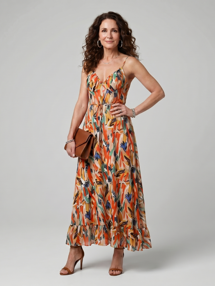 Quill | Spaghetti-band Midi-jurk met abstracte print