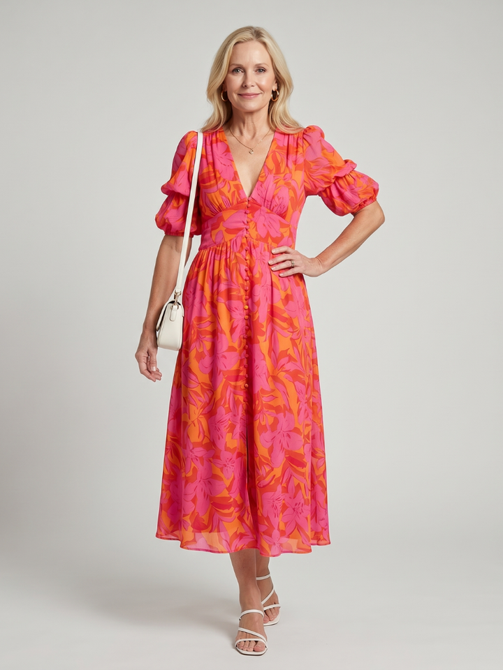 Zarelle | Puffmouwen V-hals Midi-jurk met krachtig bloemenpatroon