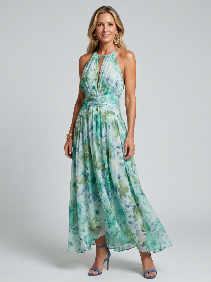 Portia | Vouwbare Halter-Zachte Bloemenpatroon-Midi-Jurk