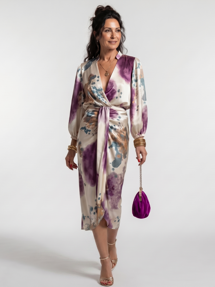 Valentina | Knoop Taille Bedrukte Midi-Jurk
