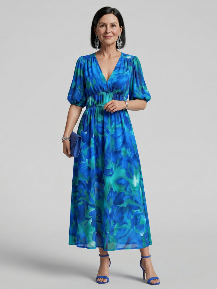 Candlia | Puffmouwen V-hals Midi Jurk met Abstracte Print