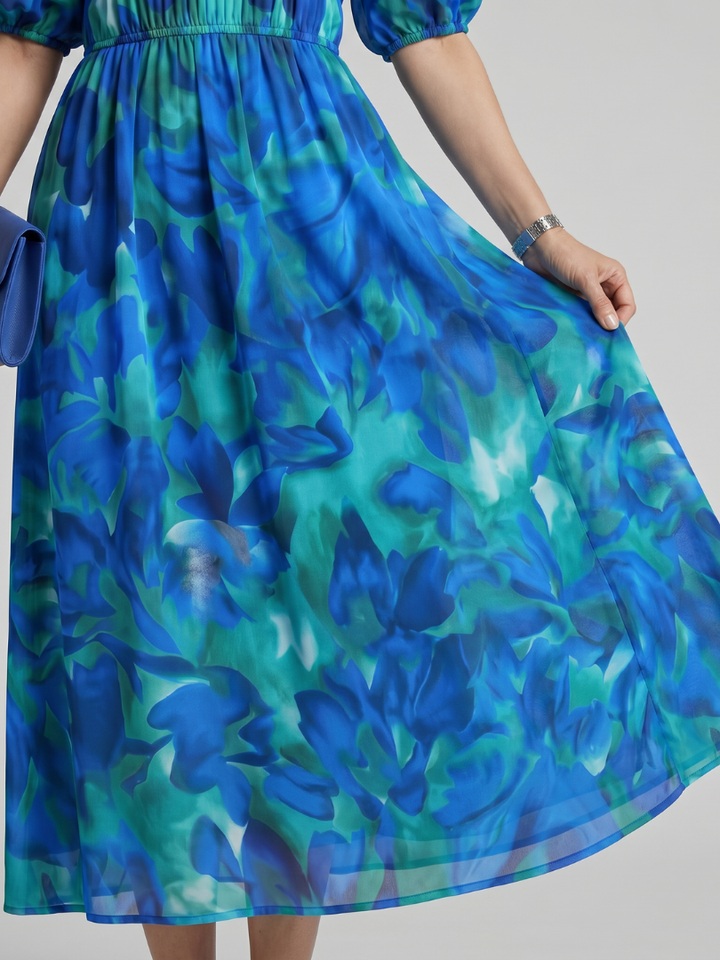 Candlia | Puffmouwen V-hals Midi Jurk met Abstracte Print