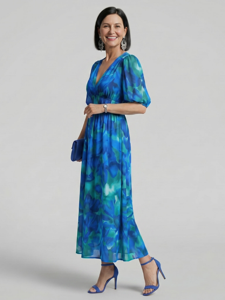 Candlia | Puffmouwen V-hals Midi Jurk met Abstracte Print