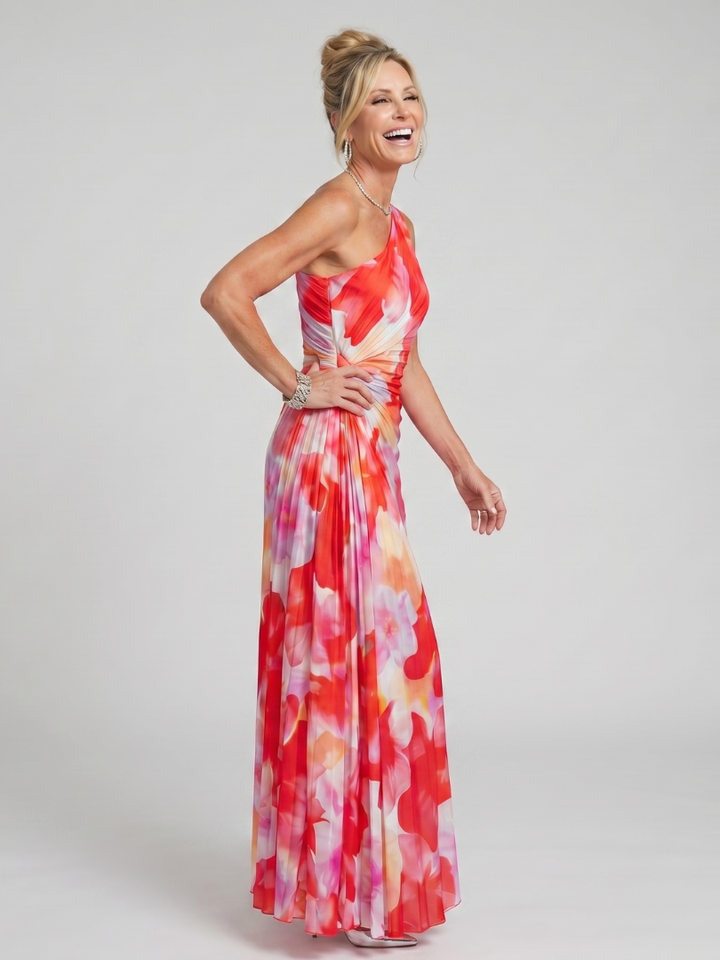 Taya | Midi-jurk met een off-shoulder, geplooid bovenstuk