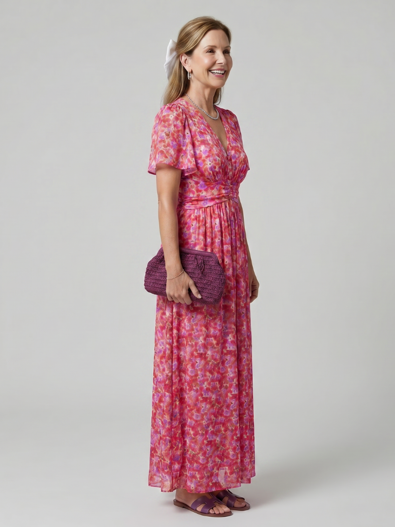 Juna | Korte Mouw Ditsy Bloemenprint Midi Jurk