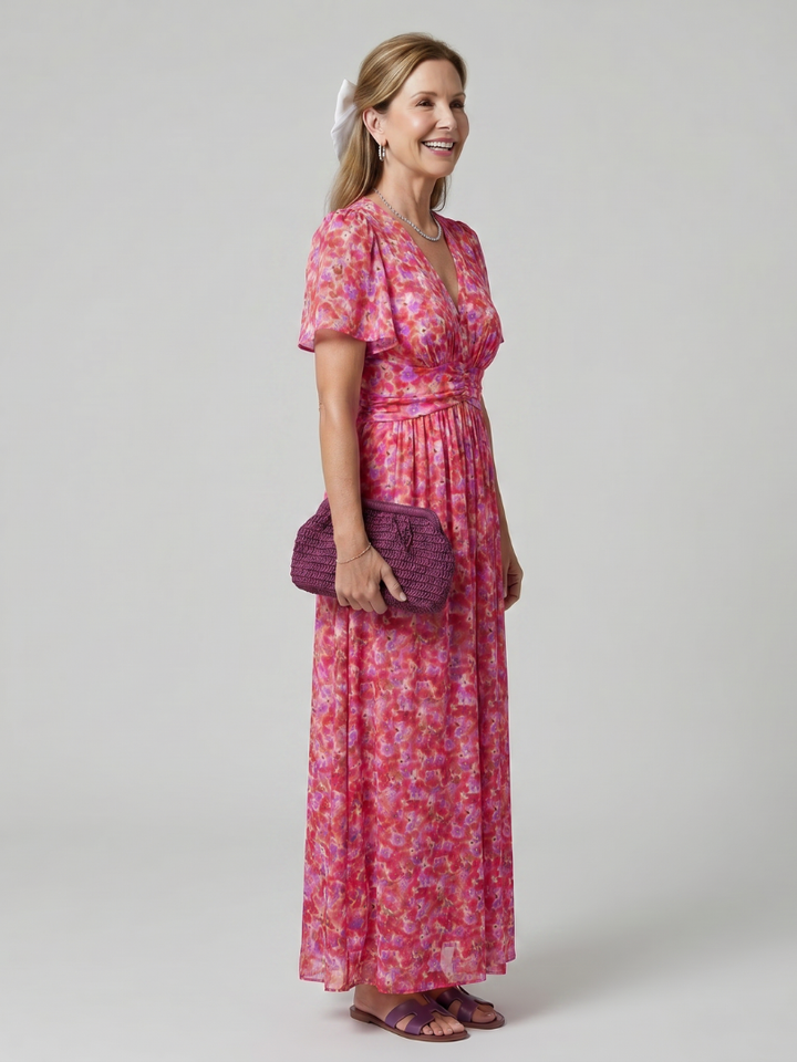 Juna | Korte Mouw Ditsy Bloemenprint Midi Jurk