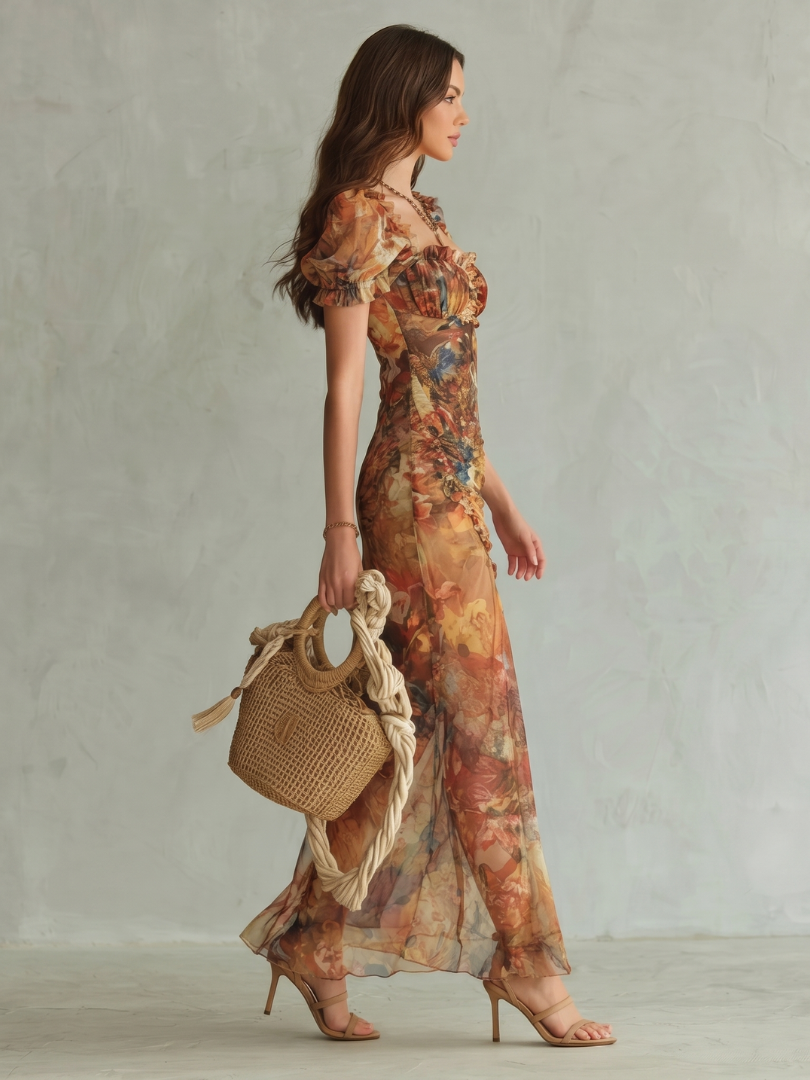 Ciel | Rüschensleeve Rimpel Split Midi Jurk