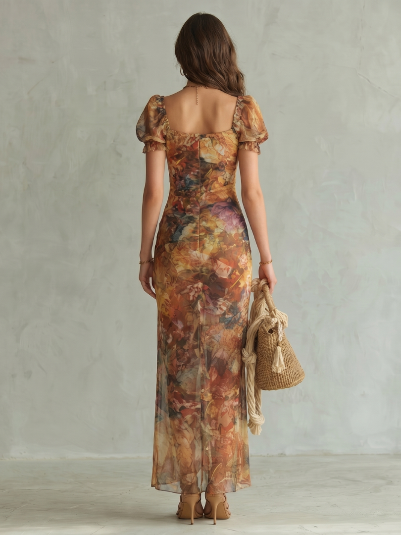 Ciel | Rüschensleeve Rimpel Split Midi Jurk