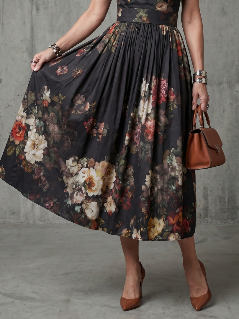 Greta | Hoogsluitend Sleutelgat Bloemen Plissé Midi-Jurk