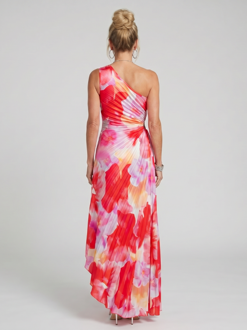 Taya | Een Schouder Plissé Rok Midi Jurk