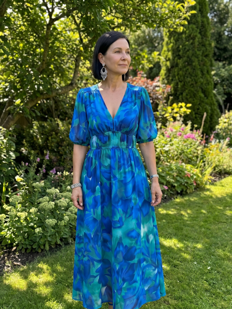 Candlia | Puffmouwen V-hals Midi Jurk met Abstracte Print