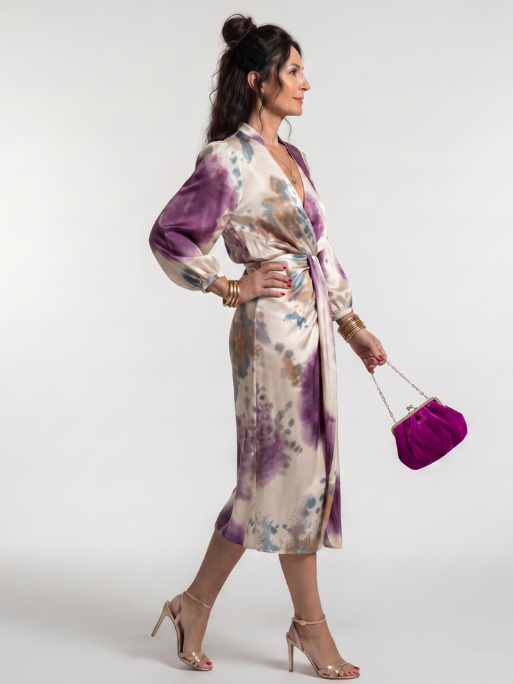 Valentina | Knoop Taille Bedrukte Midi-Jurk