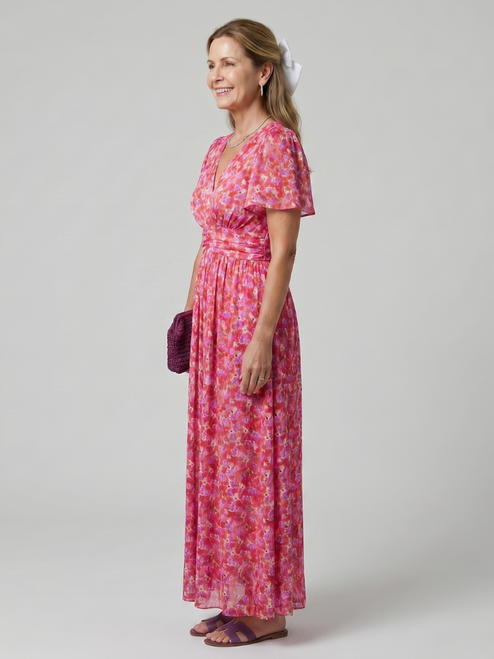 Juna | Korte Mouw Ditsy Bloemenprint Midi Jurk