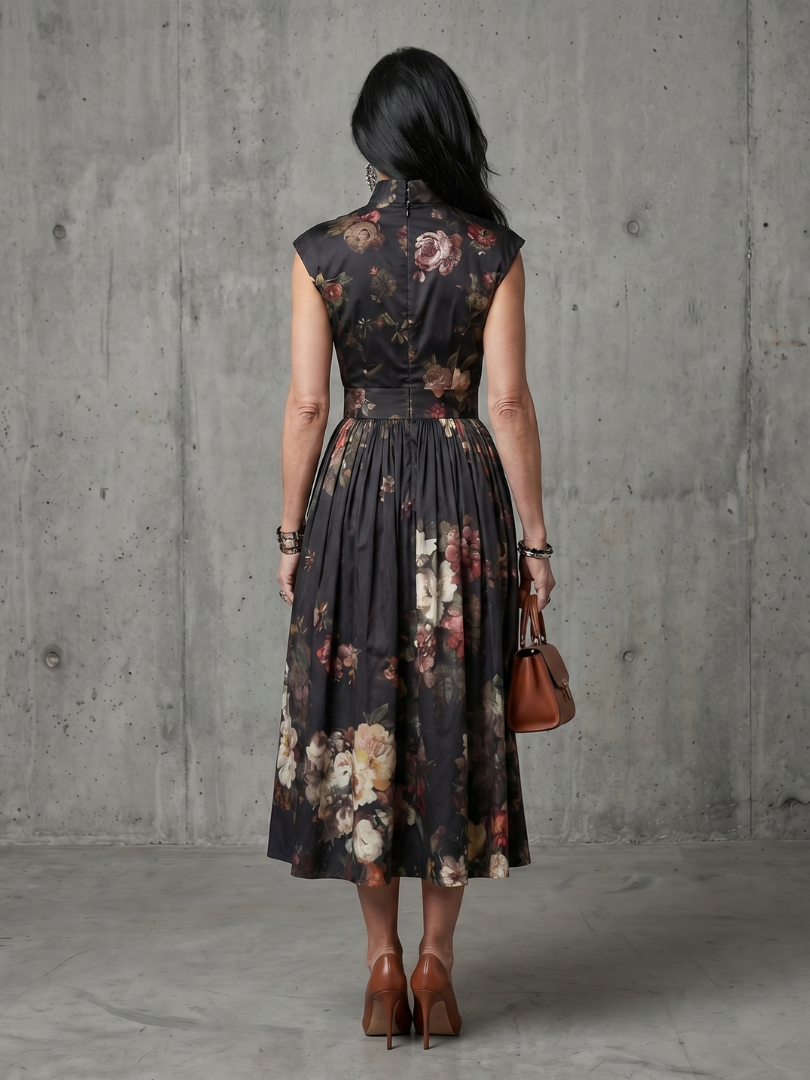 Greta | Hoogsluitend Sleutelgat Bloemen Plissé Midi-Jurk