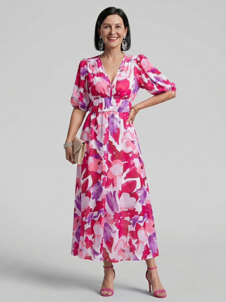 Candlia | Puffmouwen V-hals Midi Jurk met Abstracte Print