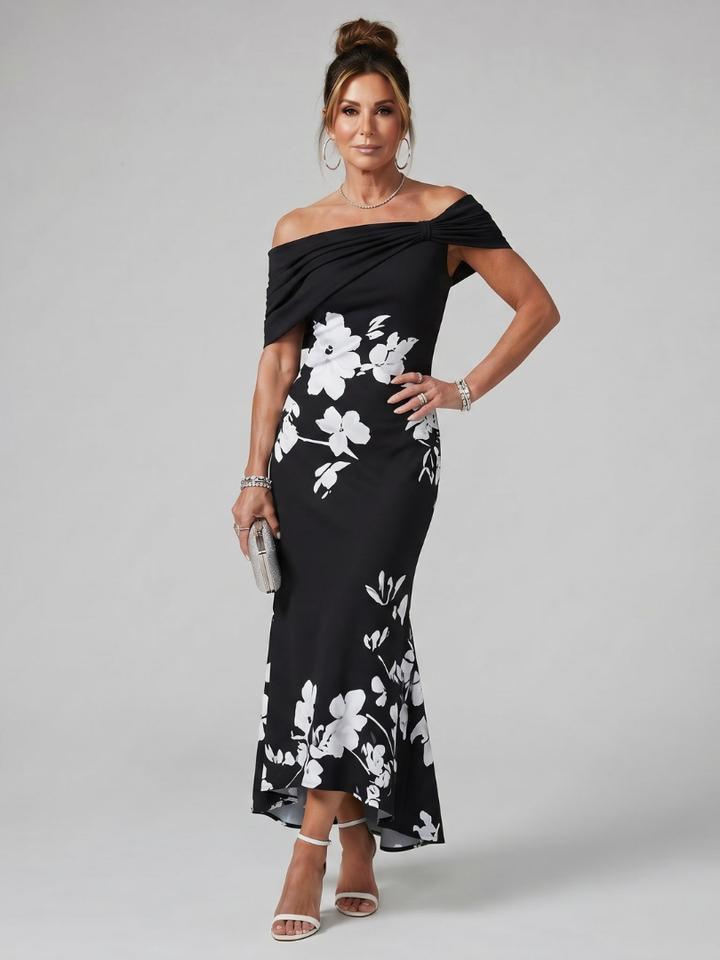 Cosma | Off-Shoulder Midi-Jurk met Drapering