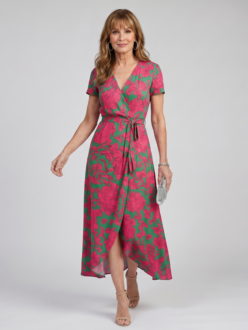 Priya | Korte mouwen, bloemen wikkel midi-jurk