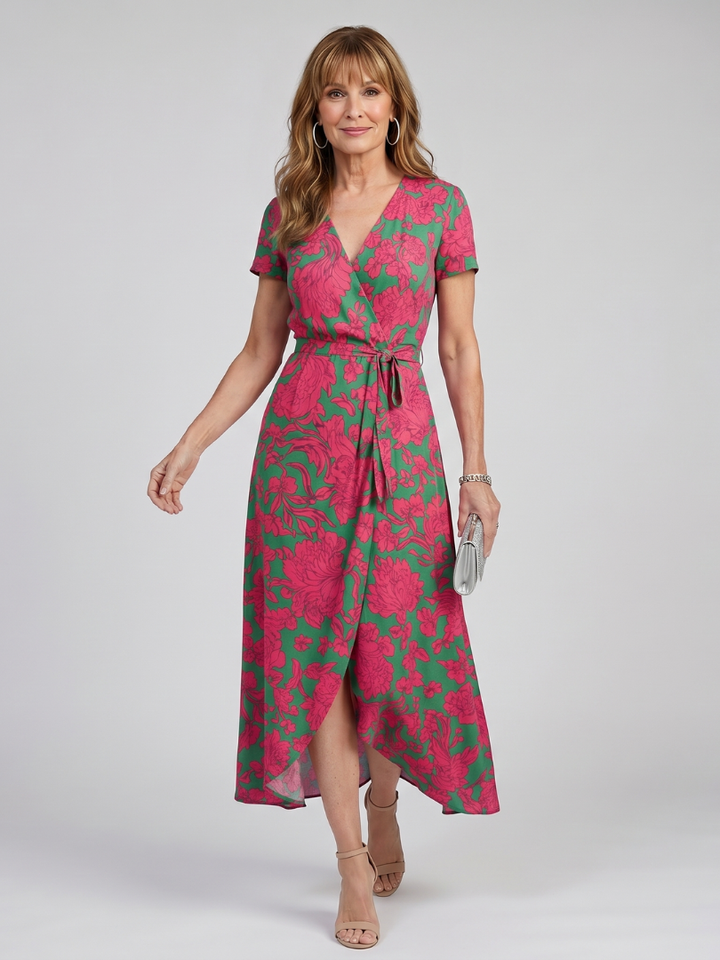 Priya | Korte mouwen, bloemen wikkel midi-jurk