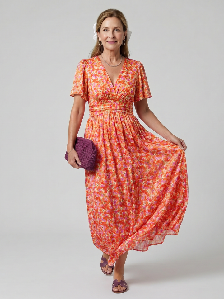 Juna | Korte Mouw Ditsy Bloemenprint Midi Jurk
