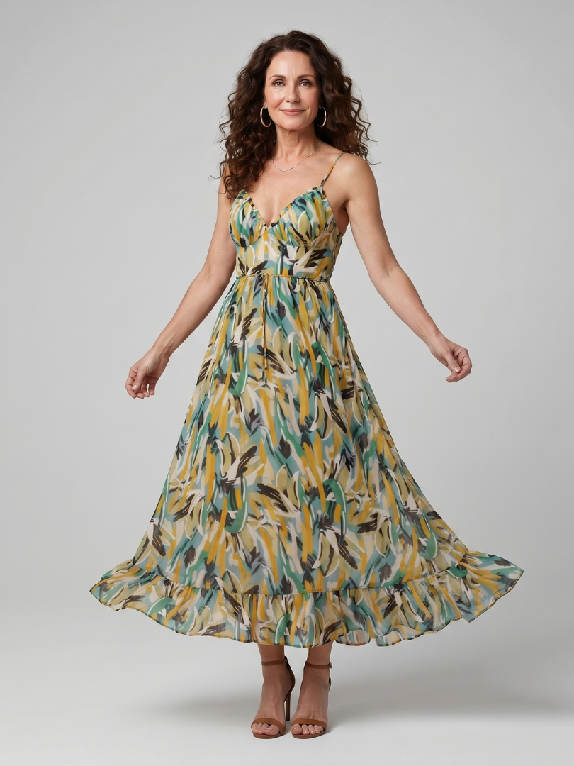 Quill | Spaghetti-band Midi-jurk met abstracte print