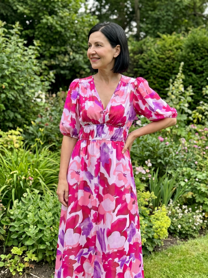 Candlia | Puffmouwen V-hals Midi Jurk met Abstracte Print