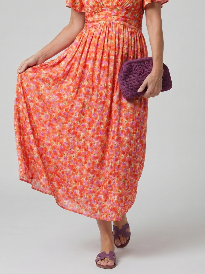 Juna | Korte Mouw Ditsy Bloemenprint Midi Jurk
