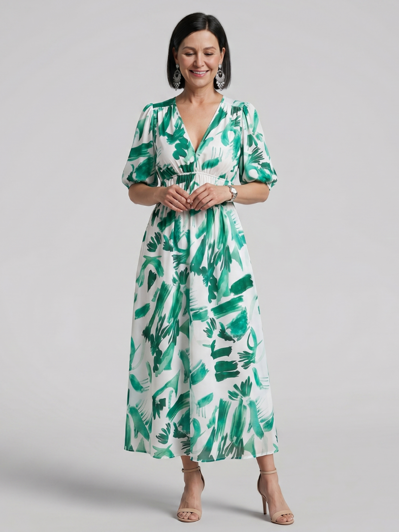 Candlia | Puffmouwen V-hals Midi Jurk met Abstracte Print