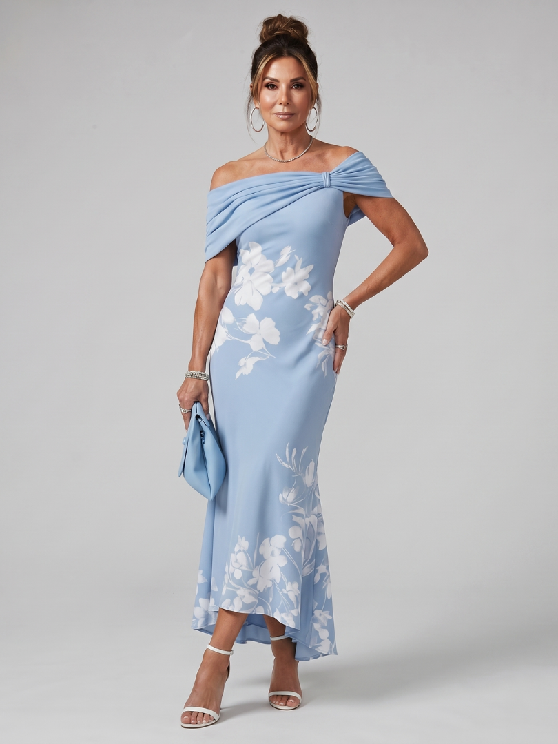 Cosma | Off-Shoulder Midi-Jurk met Drapering