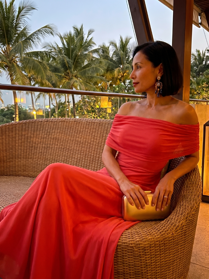 Juni | Off-Shoulder Drapé Midi-Jurk