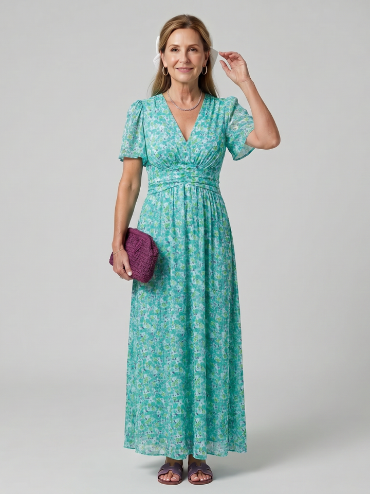 Juna | Korte Mouw Ditsy Bloemenprint Midi Jurk