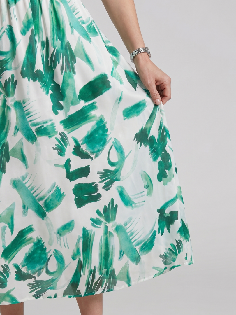 Candlia | Puffmouwen V-hals Midi Jurk met Abstracte Print