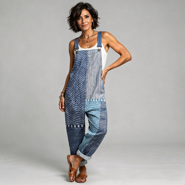 Latzhose im Boho-Patchwork Blau